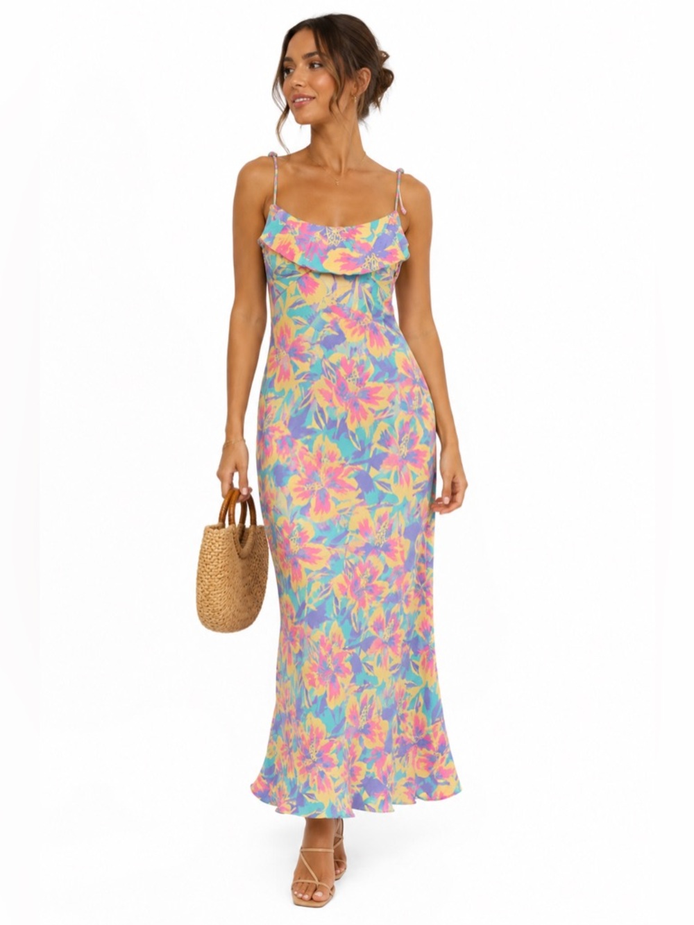 Pastel Floral Ruffle Maxi Dress - Multi Pastel